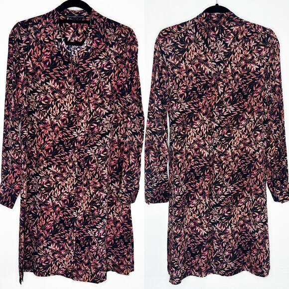 Peruvian Connection Tops - Peruvian Connection Leaf Print Silk Long Sleeve Collared Tunic Shirt Dress Med